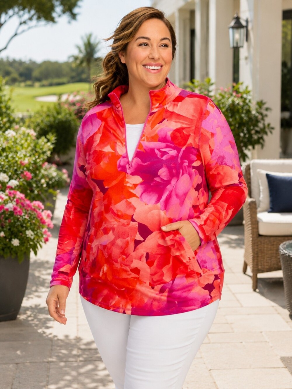 T BY TALBOTS Classic French Terry Half Zip Pullover Blended Floral Mockneck Top